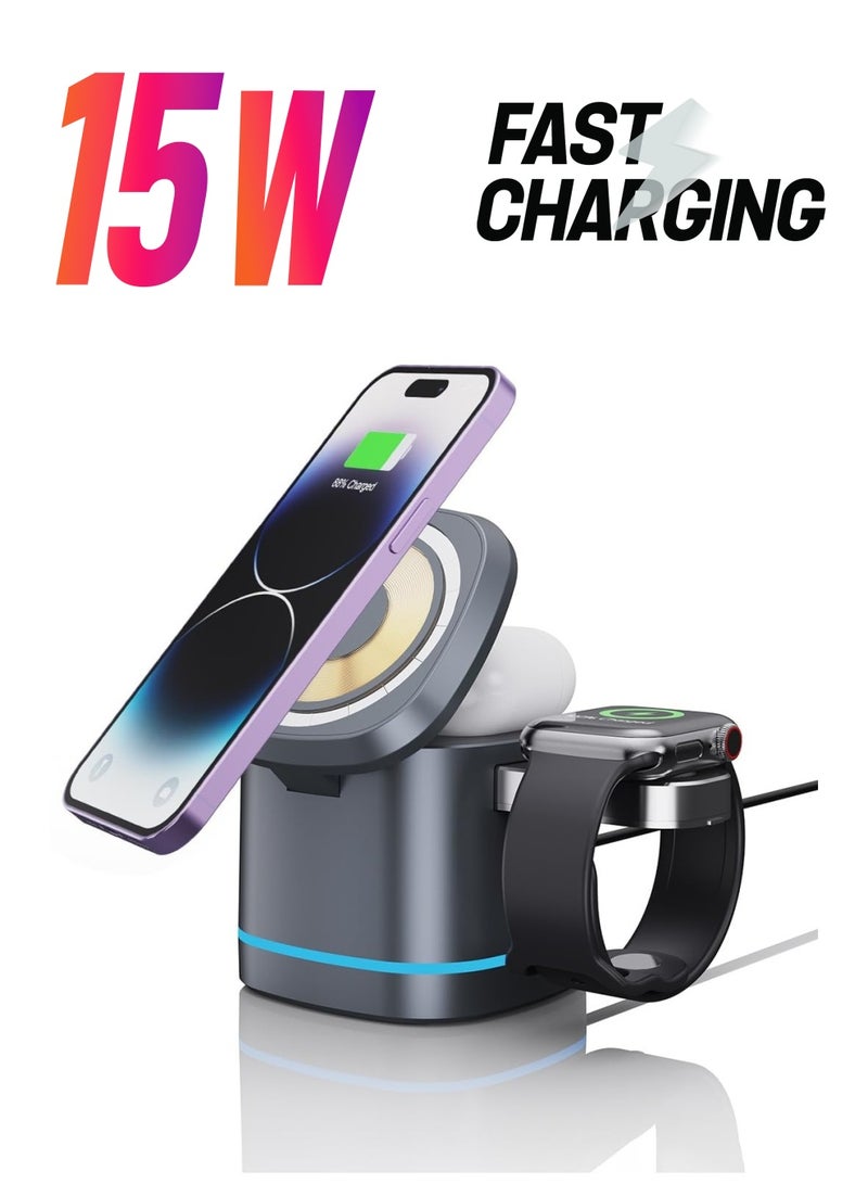 Excefore 3-in-1 Magnetic Foldable Wireless Charger, 15W Fast Charging Dock for iPhone 15/14/13/12, APods 3/2/Pro, iWatch 1-8/Ultra  - Image 1
