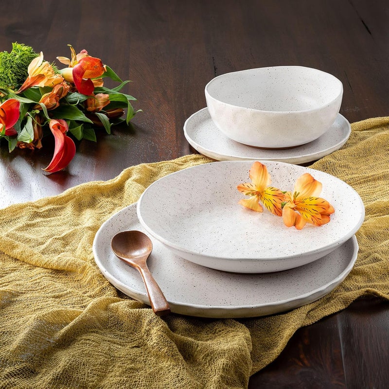 Sango Kaya 16Piece Boho Farmhouse White Stoneware Dinnerware Set  Service for 4 Plate  Bowl Set Rustic White Speckled Design for Everyday Dining  Entertainment Microwave  Dishwasher Safe - Image 2