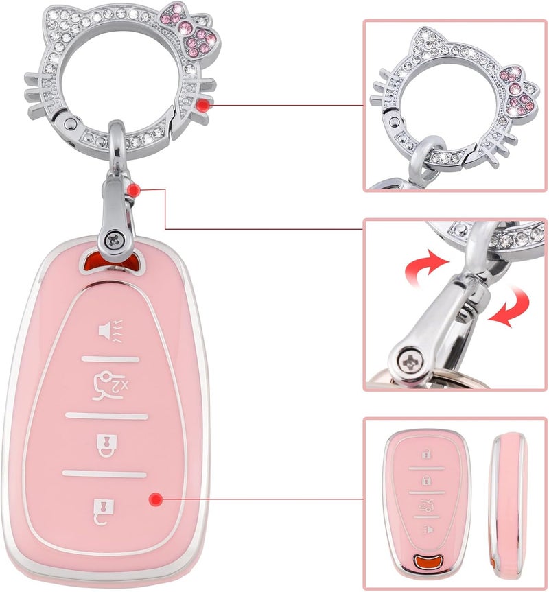 PANGPAI Pink Key Fob Cover for Chevy, Soft TPU Key Case Protection with Bling Keychain Fit for Chevy Chevrolet Malibu Equinox Traverse Camaro Cruze Blazer Volt Bolt Smart 4 Buttons - Image 4