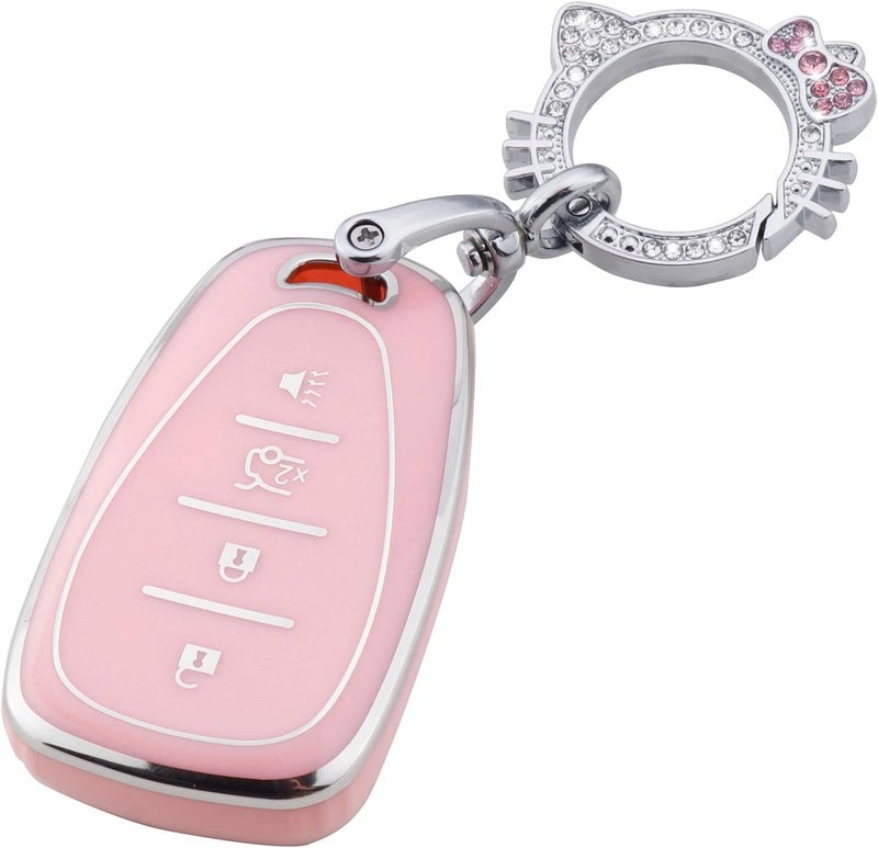 PANGPAI Pink Key Fob Cover for Chevy, Soft TPU Key Case Protection with Bling Keychain Fit for Chevy Chevrolet Malibu Equinox Traverse Camaro Cruze Blazer Volt Bolt Smart 4 Buttons - Image 1
