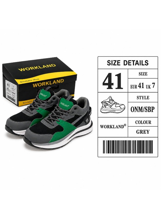 أرض العمل أحذية أمان للرجال من Workland باللون الرمادي والأخضر مقاس 41، أحذية عمل شبكية قابلة للتنفس مع إغلاق برباط، أحذية صناعية واقية خفيفة الوزن للبناء والمستودعات والعمل اليومي - Image 2
