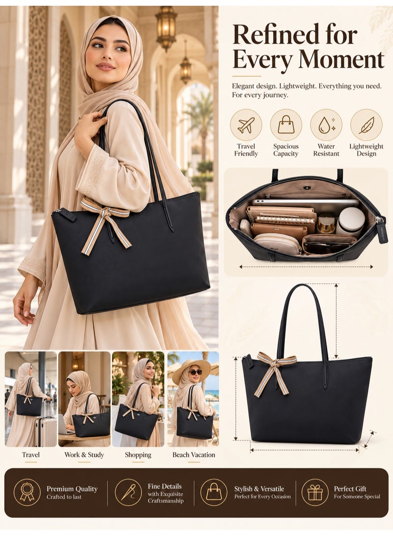 Ladies Stylish Tote Handbag, Resistant Shoulder Shopper Bag With Decorative Bow For Everyday Occasions
