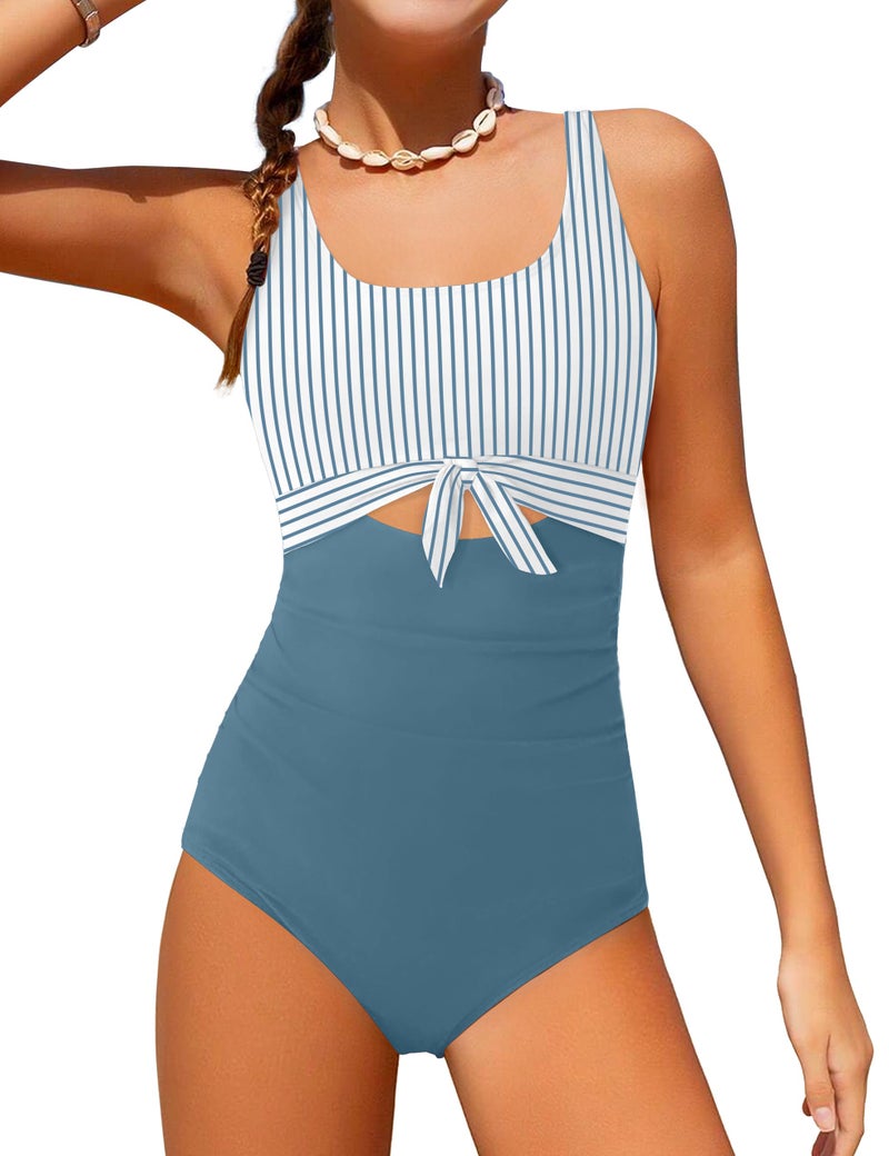 Qaoerde Girls Swimsuit Teen Swimsuits for Girls 12-14 Cutout Ruched One Piece Swimsuits Tie Adjustable Straps Bathing Suit Color Block Swimwear Blue 13-14Y - Image 1