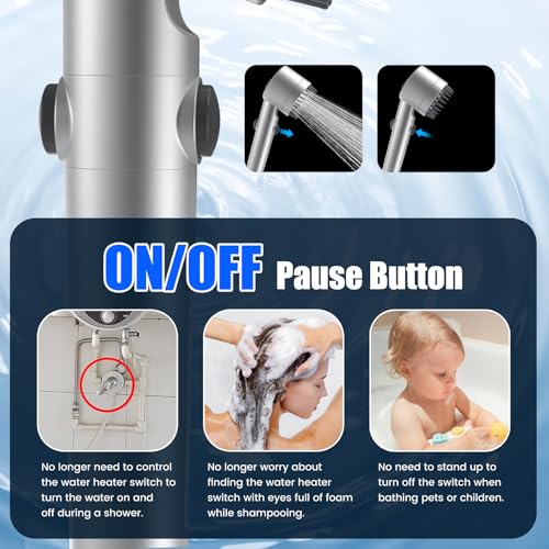 PWERAN Filtered Shower Head with Handheld, High Pressure Water Flow and Multiple Spray Modes Shower Head with Filter, Power Wash for Hard Water, Showerhead with ON/OFF Switch for Pets Bath (Silver) - Image 5
