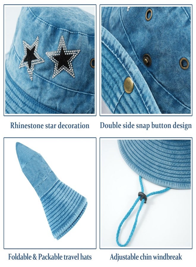 DOCILA Sparkly Rhinestone Star Denim Bucket Hat Women Foldable Blue Jean Western Fisherman Hats Wide Brim Boonie Sun Caps - Image 5
