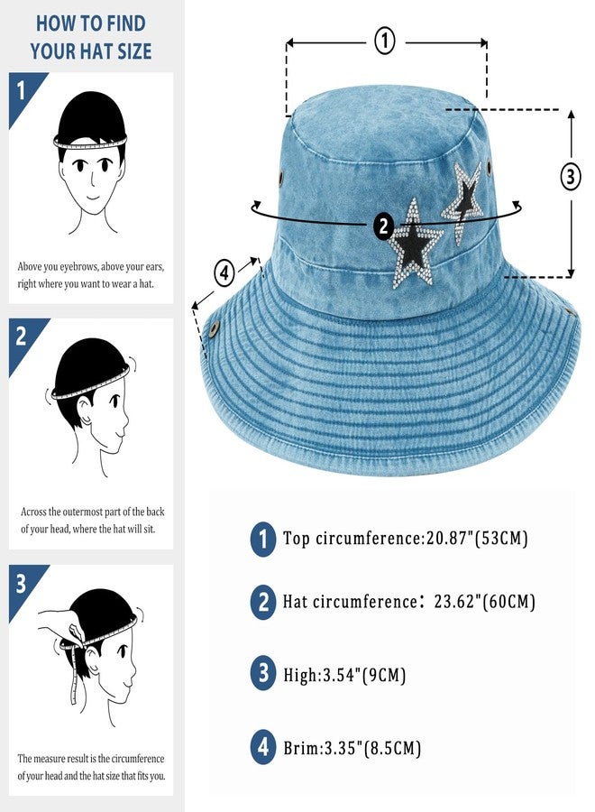 DOCILA Sparkly Rhinestone Star Denim Bucket Hat Women Foldable Blue Jean Western Fisherman Hats Wide Brim Boonie Sun Caps - Image 4