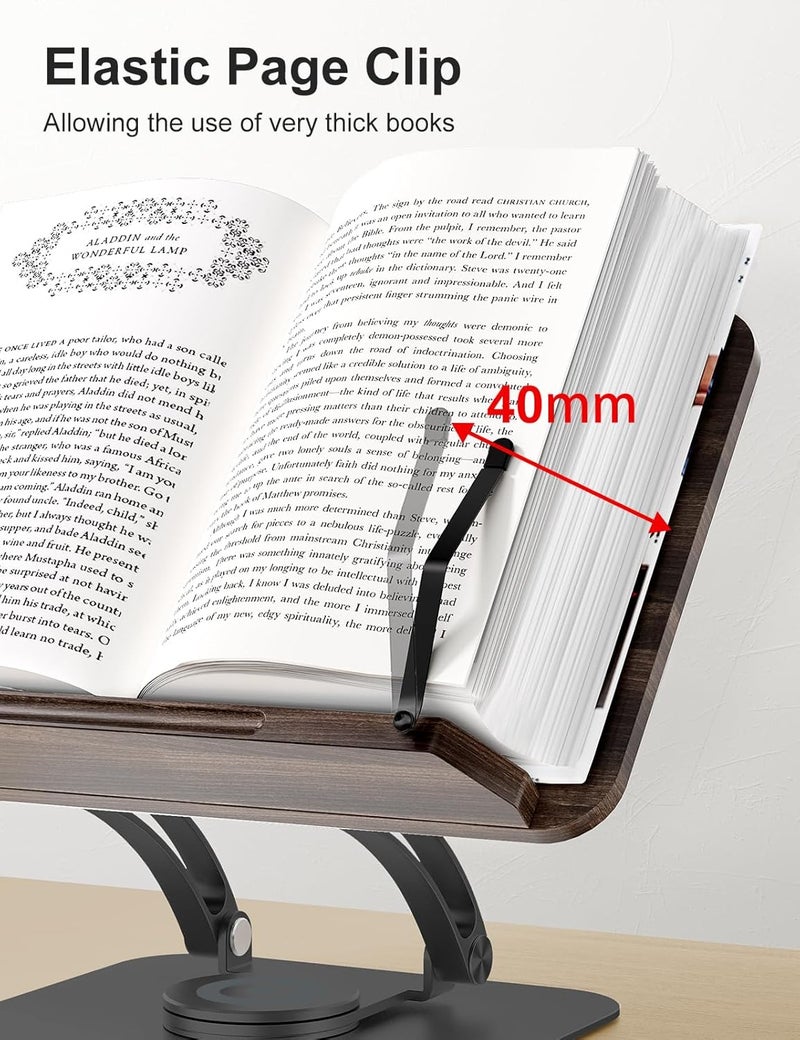 tounee Book Stand for Reading, Adjustable Book Holder with 360° Swivel Base, Foldable Cookbook Stand Recipe Holder with Elastic Page Clips for Music Scores, Recipe, Tablet, Laptop (BLACK) - Image 4