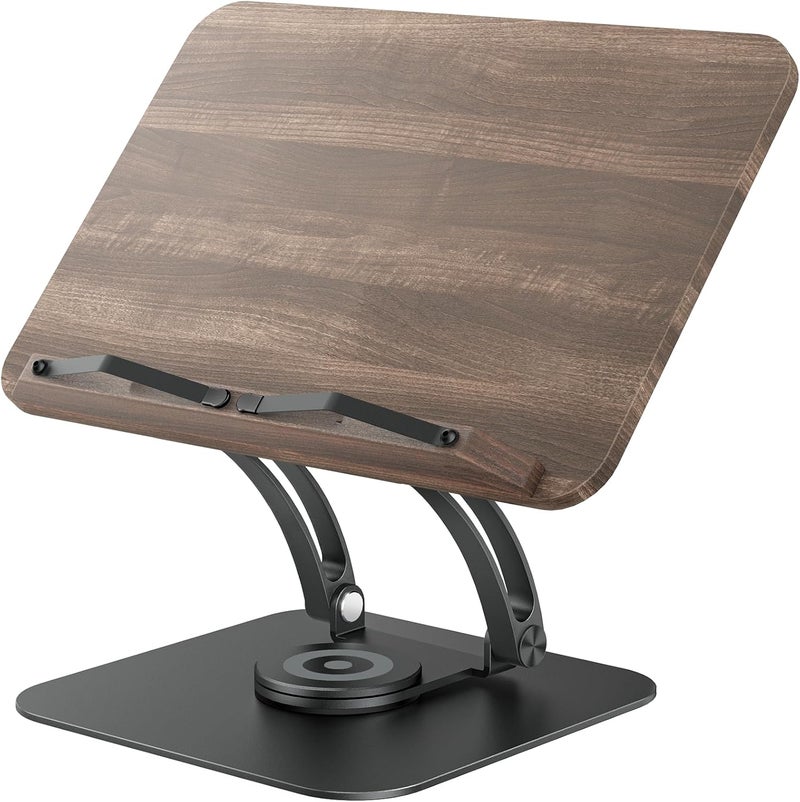 tounee Book Stand for Reading, Adjustable Book Holder with 360° Swivel Base, Foldable Cookbook Stand Recipe Holder with Elastic Page Clips for Music Scores, Recipe, Tablet, Laptop (BLACK) - Image 1