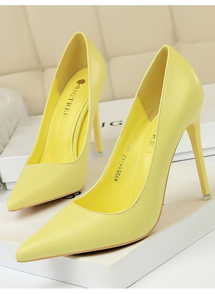 BIGTREE Women's Solid Color Elegant Stiletto Pumps 10.5CM Fashion Gorgeous Closed Pointed Toe Slip On Solid High Heels Yellow