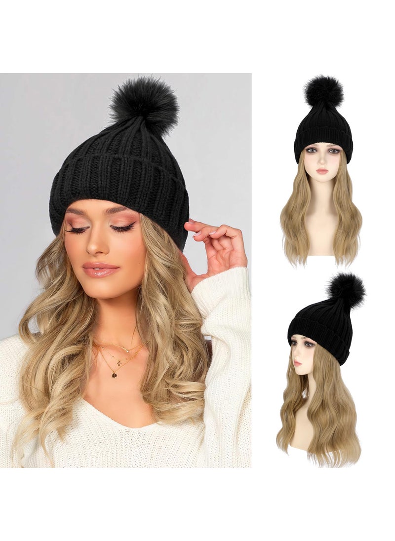 Lansigreen - Hat Wig Beanie Hat with Hair Long Wavy Hair Extensions Knit Rib Pom Hat Attached 14 Curly Synthetic Hairpiece for Women Winter Ash Blonde - Image 1