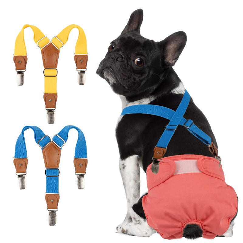 Pet Soft Dog Suspenders 2 Pieces Female Dog Diaper Suspenders for Dogs Diaper Keeper Suspender for Doggy Skirt, Dress, Diapers (Gold & Blue, XS/S) - Image 1