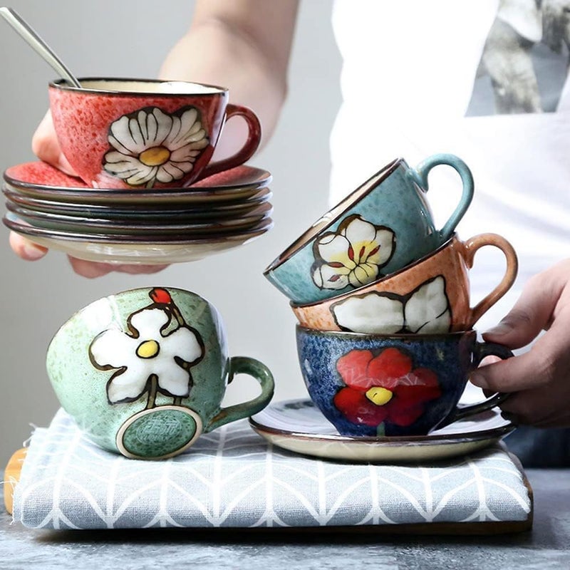 klarako Ceramic Teacup and Saucer Set, Green Floral Pattern 250ml Coffee Cup Set Cappuccino Cup & Saucers for Afternoon Tea, Gift for Women - Image 5