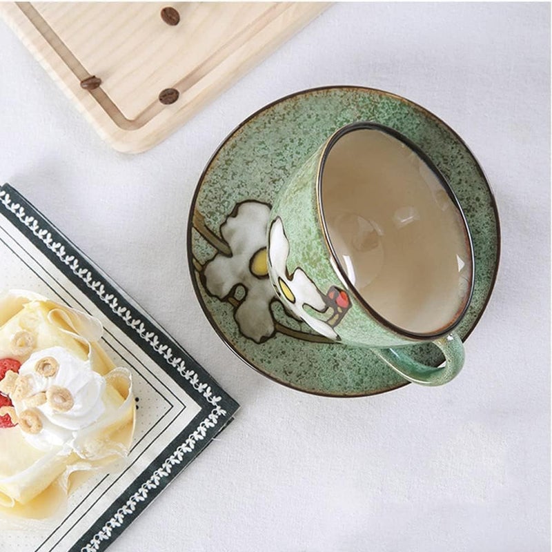 klarako Ceramic Teacup and Saucer Set, Green Floral Pattern 250ml Coffee Cup Set Cappuccino Cup & Saucers for Afternoon Tea, Gift for Women - Image 4
