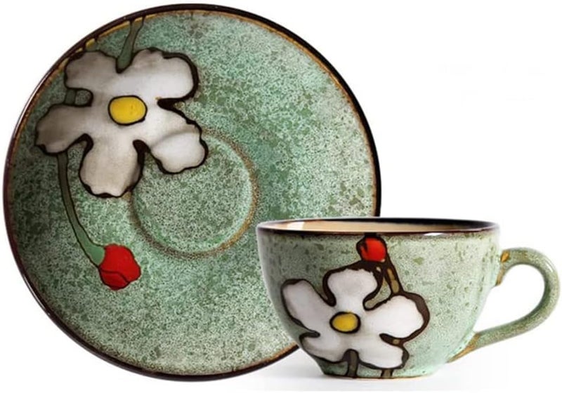 klarako Ceramic Teacup and Saucer Set, Green Floral Pattern 250ml Coffee Cup Set Cappuccino Cup & Saucers for Afternoon Tea, Gift for Women - Image 1