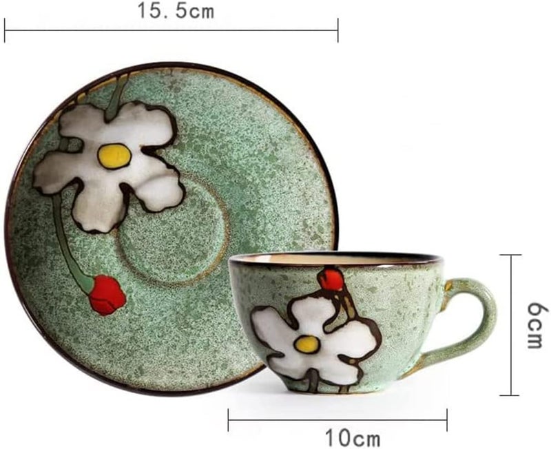 klarako Ceramic Teacup and Saucer Set, Green Floral Pattern 250ml Coffee Cup Set Cappuccino Cup & Saucers for Afternoon Tea, Gift for Women - Image 2