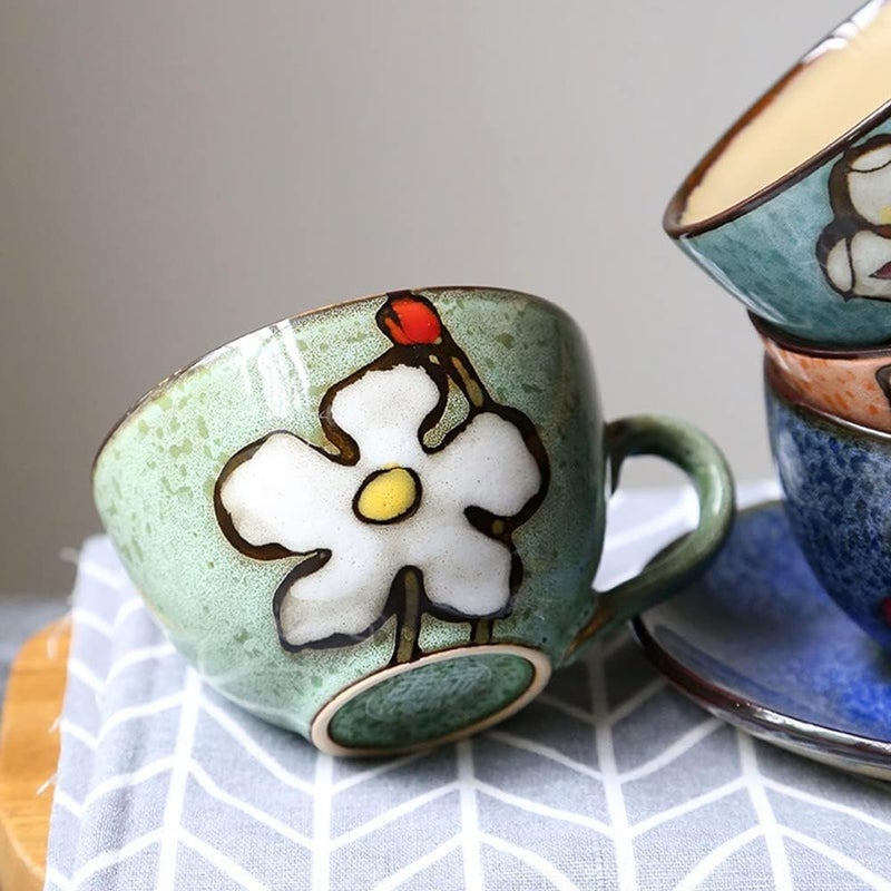 klarako Ceramic Teacup and Saucer Set, Green Floral Pattern 250ml Coffee Cup Set Cappuccino Cup & Saucers for Afternoon Tea, Gift for Women - Image 3