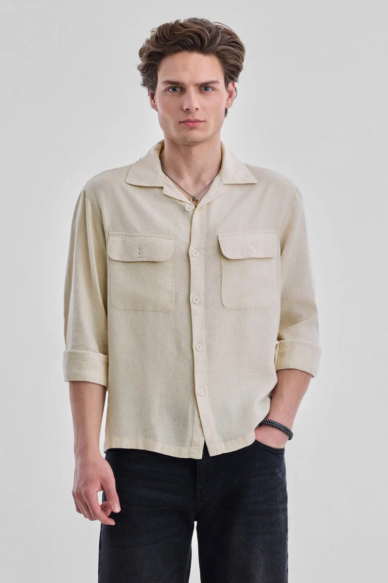 Snitch Beige Double Pocket Linen Blend Regular Fit Shirt for Men | Best Price UAE