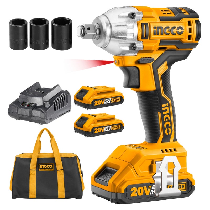 INGCO Ingco 20V Brushless Lithium-Ion Impact Wrench with 2Pcs 2.0Ah Batteries, 1Pcs Charger, 3Pcs Sockets, 1/2 Inch, 300NM CIWLI20013 - Image 1