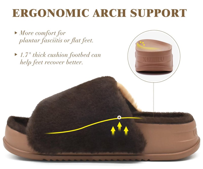 KuaiLu Womens Fuzzy Platform Open Toe Slippers with Arch Support Fluffy Furry Slides Orthotic Faux Fur Sandals Indoor Outdoor Brown Size 7 - Image 5