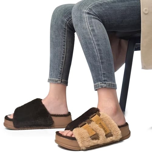 KuaiLu Womens Fuzzy Platform Open Toe Slippers with Arch Support Fluffy Furry Slides Orthotic Faux Fur Sandals Indoor Outdoor Brown Size 7 - Image 2