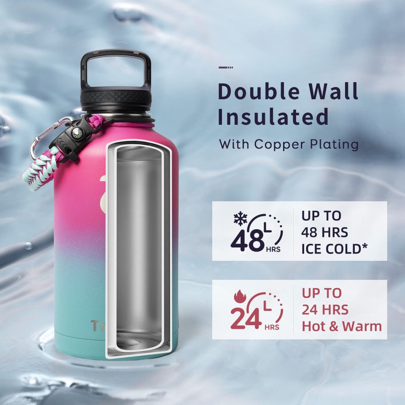Trebo Water Bottle 64oz with Paracord Handle  Trebo Half Gallon Double Wall Vacuum Stainless Steel Insulated Jug with Straw Spout Handle Lids  Leakproof Water Flask Keep Cold Hot Thermo Canteen Mug Rose Red - Image 2