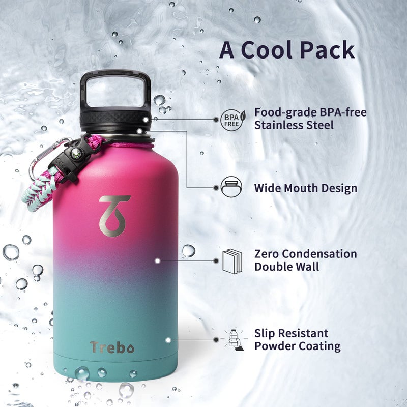 Trebo Water Bottle 64oz with Paracord Handle  Trebo Half Gallon Double Wall Vacuum Stainless Steel Insulated Jug with Straw Spout Handle Lids  Leakproof Water Flask Keep Cold Hot Thermo Canteen Mug Rose Red - Image 5