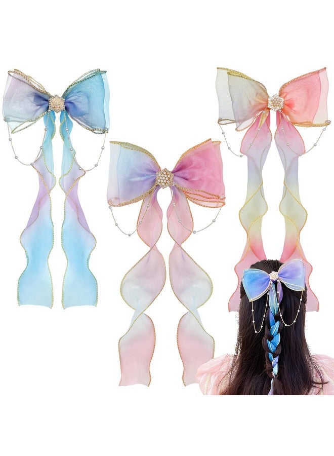 DREMISI 3 Pieces Colorful Ribbon Hair Bows for Girls, Big Bows Rainbow Bows Princess Hair Bows with Alligator Clips Hair Clips Hair Ribbons Hair Accessories for Toddlers Girls Women - Image 1
