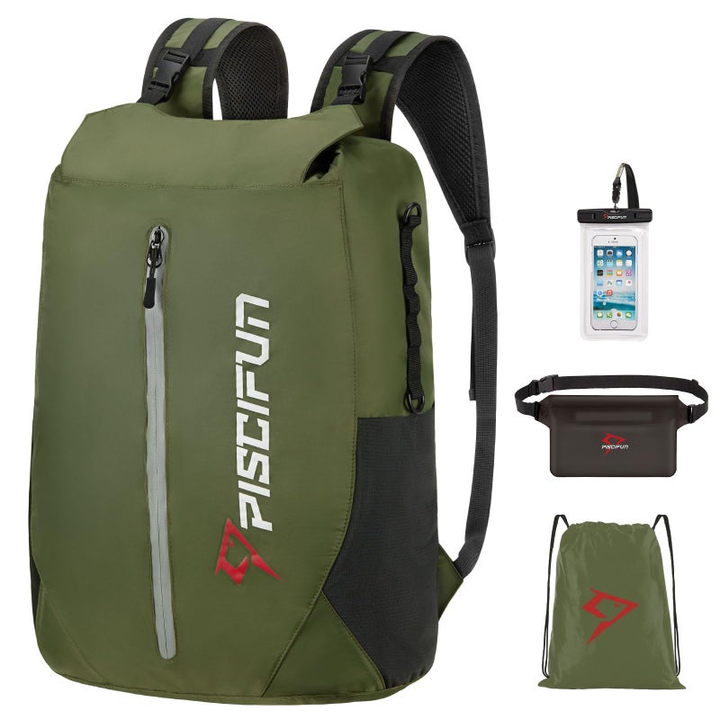 Piscifun Dry Bag Waterproof Floating Dry Backpack Lightweight Waterproof Dry Bag with Waist Pouch and Phone Case for Kayaking Camping Beach Boating Swimming for Men Women Army Green 30L - Image 2