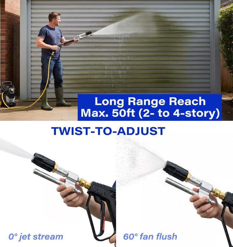 KZU Adjustable Downstream Soft Wash System, 2 in 1 Long Range High Pressure Jet Nozzle Soap Shooter Tip & M5 Twist Nozzle, 1-60Â° Jet Spray for 3-7GPM Pressure Washer Gun Wand, 1/4â€ Quick Connect - Image 3