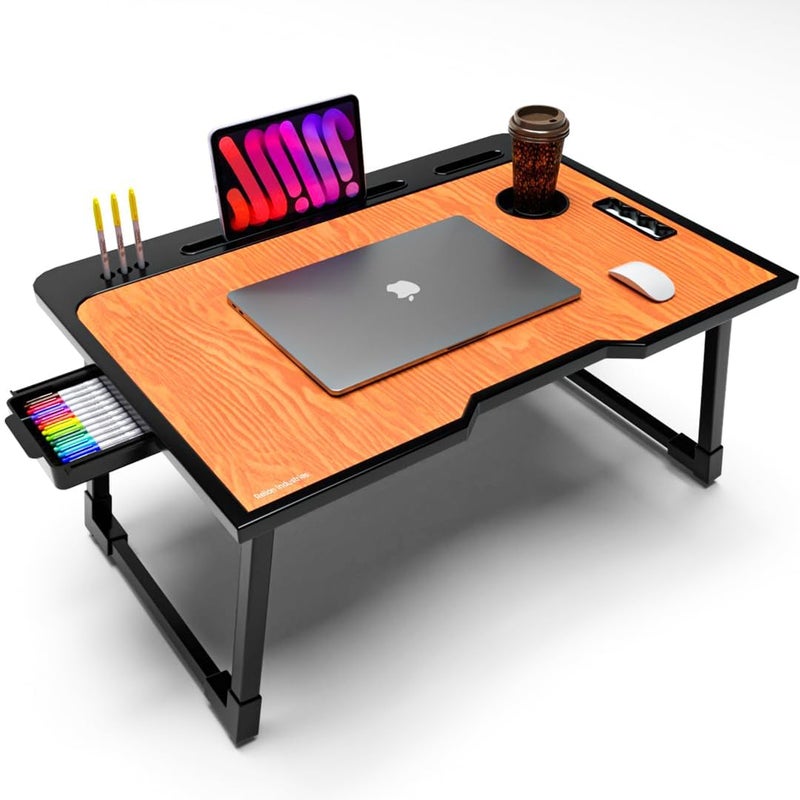 PERDIA Mini Laptop Table for Bed Foldable Wooden Smart Study Table with Drawer New Kids & Adults (US Wood Mold COTED) - Image 1