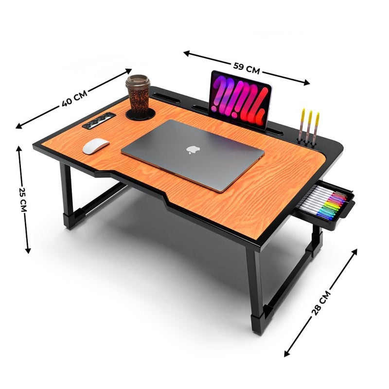 PERDIA Mini Laptop Table for Bed Foldable Wooden Smart Study Table with Drawer New Kids & Adults (US Wood Mold COTED) - Image 3