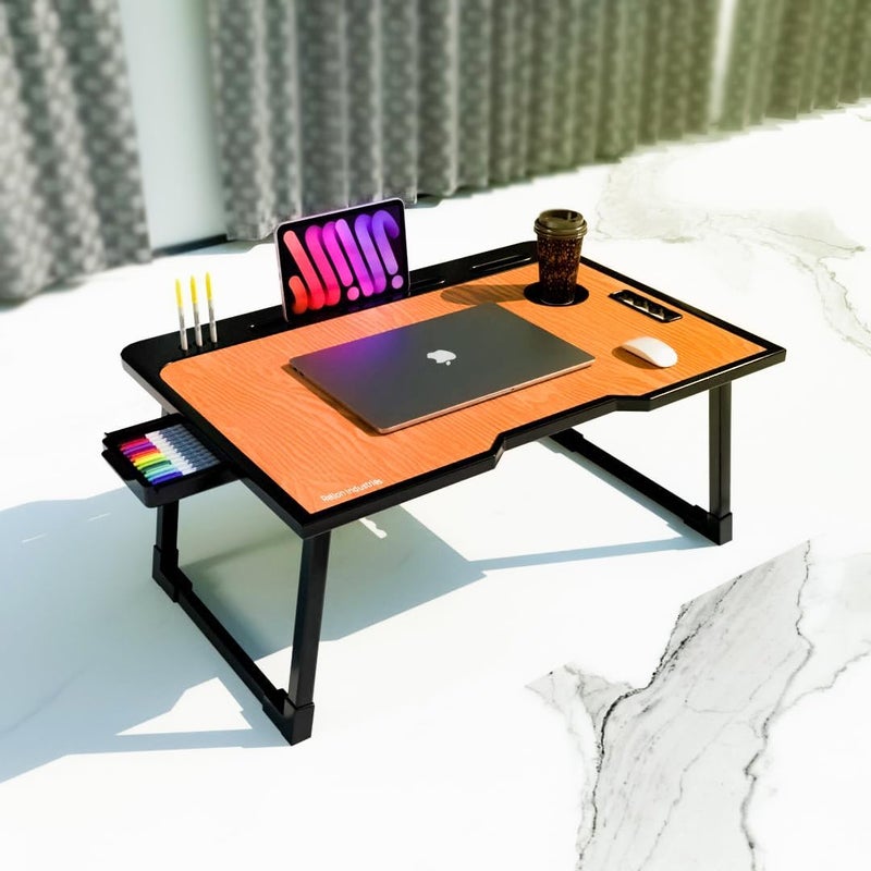 PERDIA Mini Laptop Table for Bed Foldable Wooden Smart Study Table with Drawer New Kids & Adults (US Wood Mold COTED) - Image 2