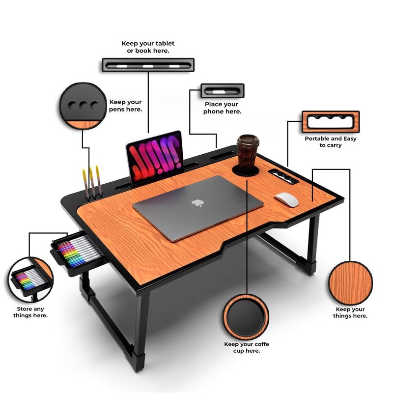 PERDIA Mini Laptop Table for Bed Foldable Wooden Smart Study Table with Drawer New Kids & Adults (US Wood Mold COTED) - Image 4