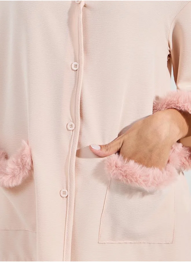 Styli Fleece Trim Button Through Shirt & Pyjama Set