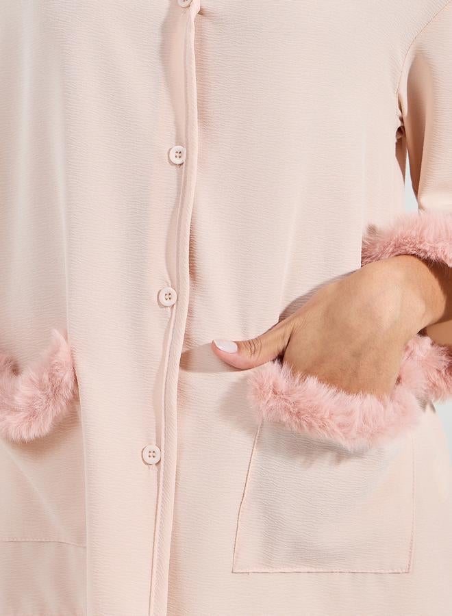 Styli Fleece Trim Button Through Shirt & Pyjama Set  - Image 3
