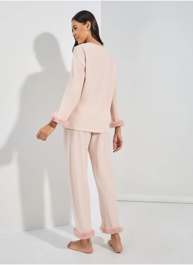 Styli Fleece Trim Button Through Shirt & Pyjama Set