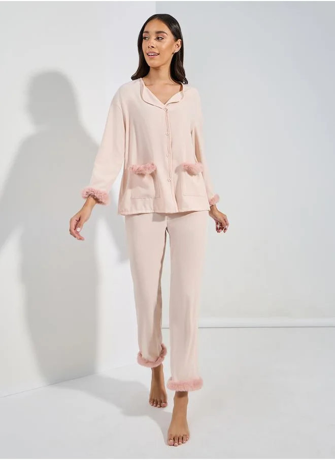 ستايلي Fleece Trim Button Through Shirt & Pyjama Set