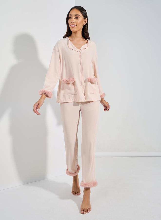Styli Fleece Trim Button Through Shirt & Pyjama Set  - Image 1