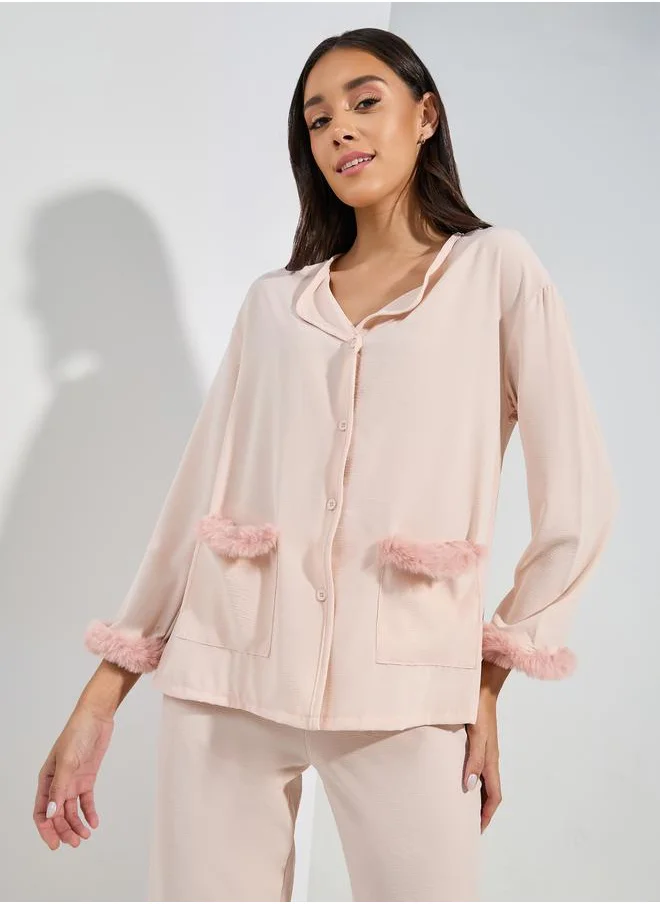 ستايلي Fleece Trim Button Through Shirt & Pyjama Set