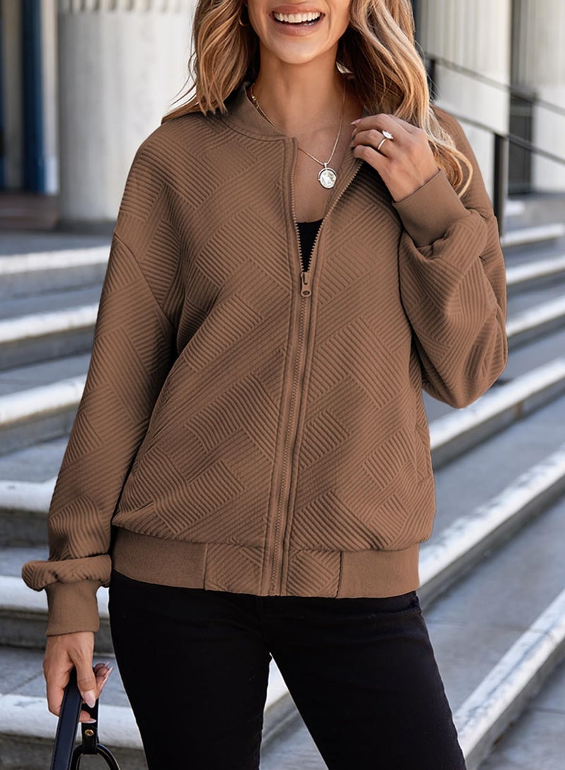 EVALESS Women's Fall Jackets Bomber Jacket for Women 2026 Long Sleeve Stand Collar Zip Up Lightweight Outwear with Pockets X-Large Brown - Image 4