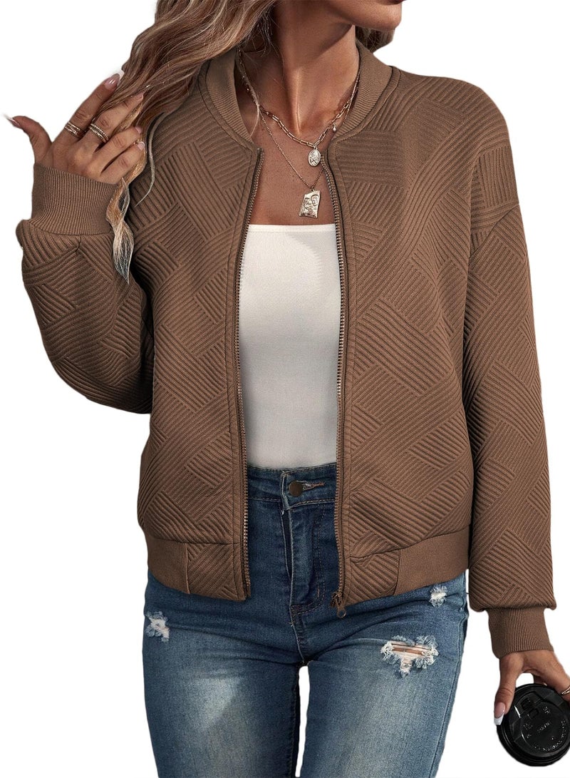 EVALESS Women's Fall Jackets Bomber Jacket for Women 2026 Long Sleeve Stand Collar Zip Up Lightweight Outwear with Pockets X-Large Brown - Image 1
