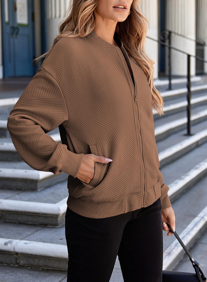 EVALESS Women's Fall Jackets Bomber Jacket for Women 2026 Long Sleeve Stand Collar Zip Up Lightweight Outwear with Pockets X-Large Brown - Image 3
