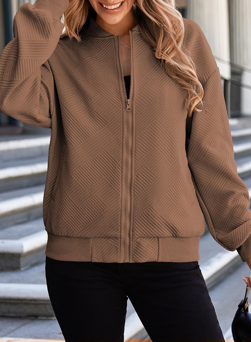 EVALESS Women's Fall Jackets Bomber Jacket for Women 2026 Long Sleeve Stand Collar Zip Up Lightweight Outwear with Pockets X-Large Brown - Image 5