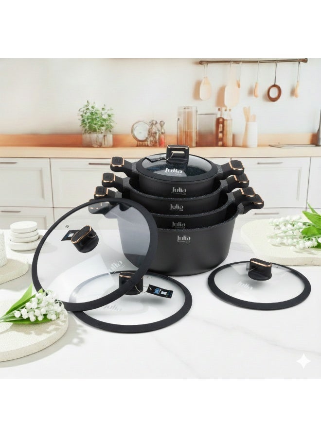 جوليا طقم أواني طهي جوليا إيليت برو بلس 8 قطع مع أغطية - أسود - جرانيت أسود غير لاصق - يدعم الحث الحراري - Image 1