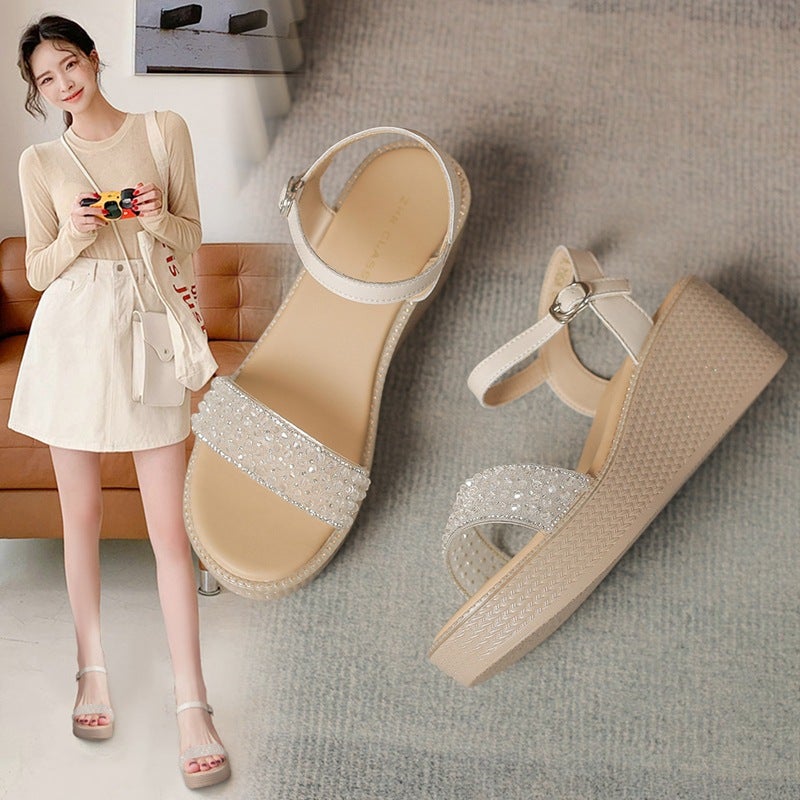 Zhr Wedge Heel With Rhinestone High Heels 2024 Style Outer Wear Thick Bottom Small Height Increasing Women'S Shoes With Skirt - Image 2