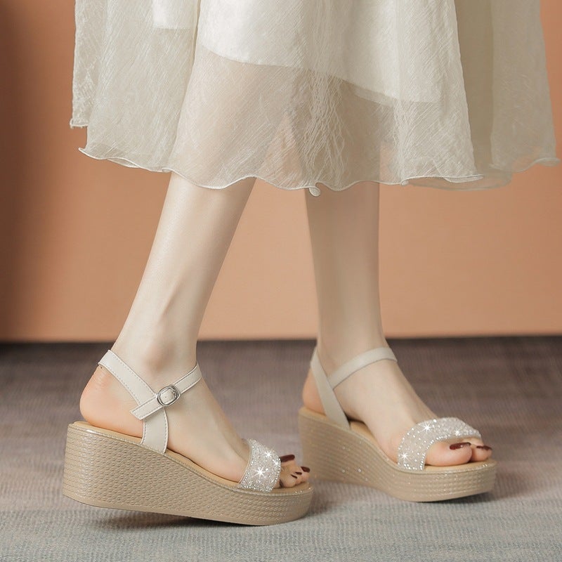 Zhr Wedge Heel With Rhinestone High Heels 2024 Style Outer Wear Thick Bottom Small Height Increasing Women'S Shoes With Skirt - Image 3