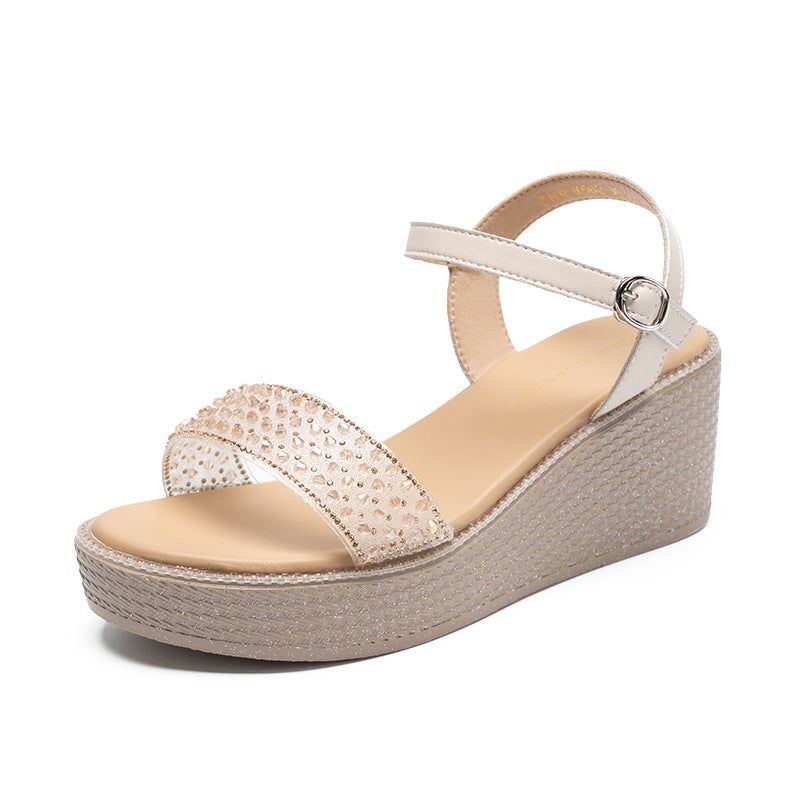 Zhr Wedge Heel With Rhinestone High Heels 2024 Style Outer Wear Thick Bottom Small Height Increasing Women'S Shoes With Skirt - Image 1