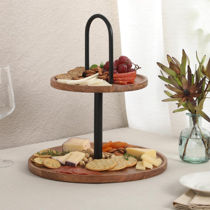 Gibson Home صينية تقديم دائرية من خشب الأكاسيا بطبقتين من جيبسون هوم - حامل لوحات شهي ريفي بمقبض حديدي أسود - صينية حفلات متعددة الطبقات، عرض حلويات أو سوزان كسول للتسلية - Image 4