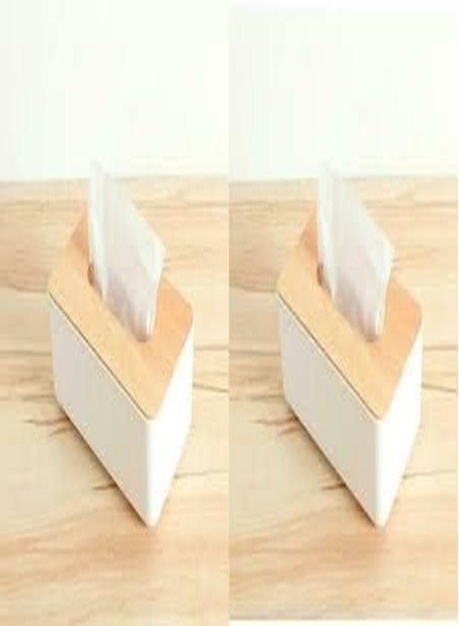 Portible 2 pcs Tissue Box Wooden Cover Plastic Holder – White Color Napkin Dispenser Case with Removable Top Lid | Modern Decorative Organizer for Home, Office, Bedroom, Bathroom & Car Facial Paper - Image 1