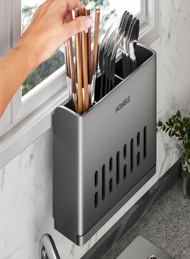 Light luxury chopsticks holder wall-mounted chopsticks storage box kitchen spoon knife and fork drain storage rack chopsticks cage([Black Double Cup] No Punch) - Image 3